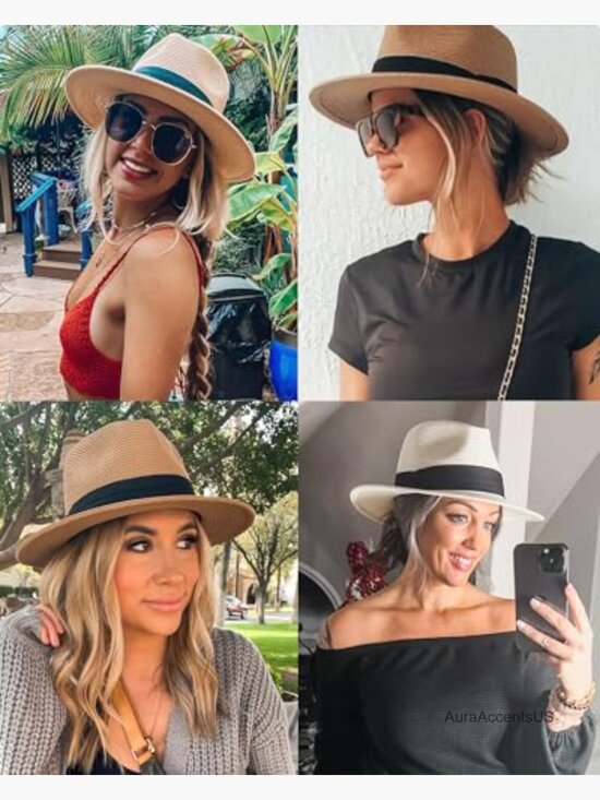 Wide Brim Straw Fedora Hat UPF 50+ Summer Beach Sun Hat Packable Foldable